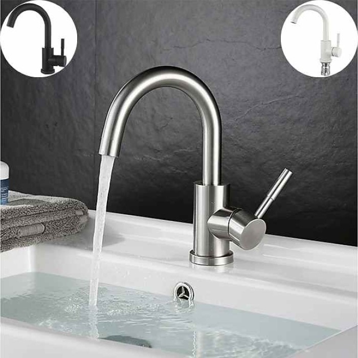 Bathroom Sink Faucet,Single Handle Black Nickel/White Dainted/Brushed One Hole Standard Spout Stainless Steel Bathroom Sink Faucet with Hot and Cold Water