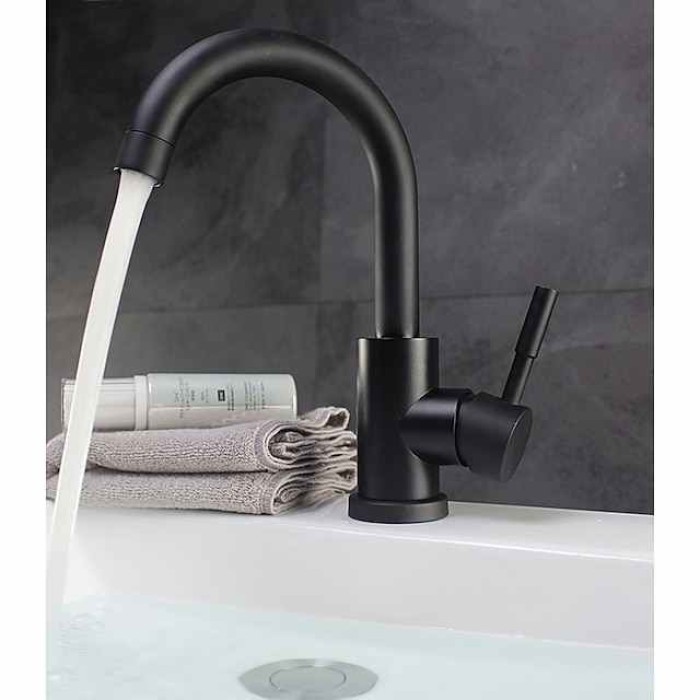 Bathroom Sink Faucet,Single Handle Black Nickel/White Dainted/Brushed One Hole Standard Spout Stainless Steel Bathroom Sink Faucet with Hot and Cold Water