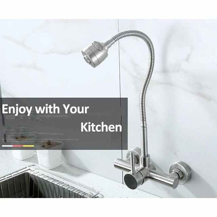 Wall Mount Kitchen Sink Mixer Faucet with Sprayer Kitchen Faucet Stainless Steel Pot Filler Taps, 360 Swivel Polished Black/Chrome Single Handle Mixer Vessel Tap