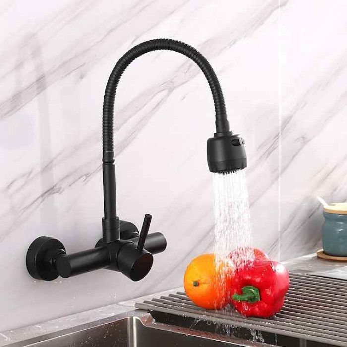 Wall Mount Kitchen Sink Mixer Faucet with Sprayer Kitchen Faucet Stainless Steel Pot Filler Taps, 360 Swivel Polished Black/Chrome Single Handle Mixer Vessel Tap