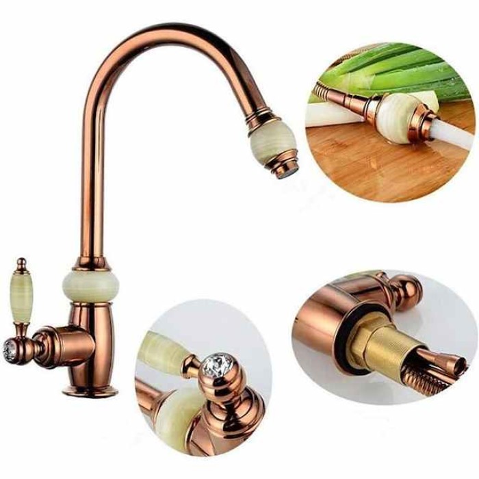 Traditional Kitchen Faucet with Pull Out Sprayer Rose Golden, 360 Swivel Brass Single Handle One Hole Pull Down Kitchen Taps with Hot and Cold Water Vintage Retro Style