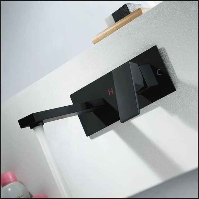 Brass Wall Mount Bathroom Sink Faucet,Black Single Handle One Hole Bath Taps with Hot and Cold Switch