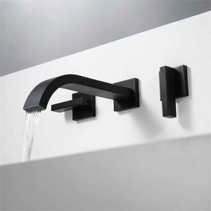 Bathroom Sink Faucet ,Wall Mount Brass Waterfall Widespread Black Two Handles Two Holes Bath Taps