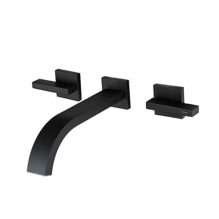 Bathroom Sink Faucet ,Wall Mount Brass Waterfall Widespread Black Two Handles Two Holes Bath Taps