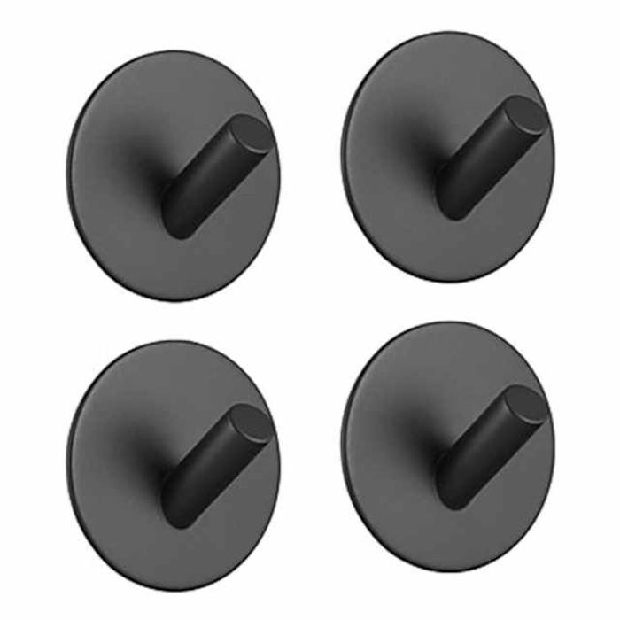 Adhesive Hooks Heavy Duty Wall Hooks 4 Packs Removable Matte Black Durable 304 Stainless Steel Wall Hangers, Waterproof Rustproof Oil Proof for Kitchen, Bathrooms, Doors, Office, Closet