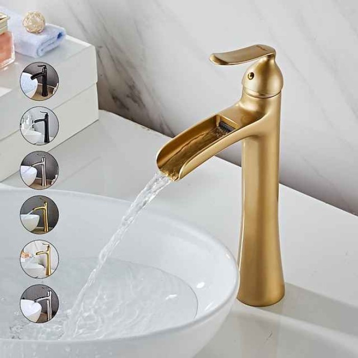 Waterfall Bathroom Faucet, Rustic Single Handle One Hole Brass Waterfall Bathroom Sink Faucet with Hot and Cold Water