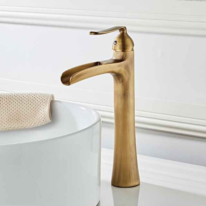 Waterfall Bathroom Faucet, Rustic Single Handle One Hole Brass Waterfall Bathroom Sink Faucet with Hot and Cold Water