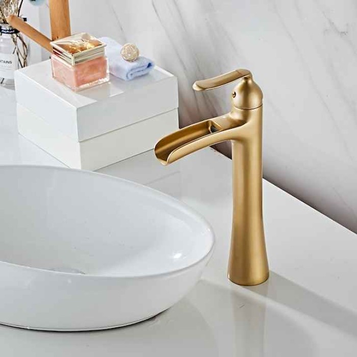 Waterfall Bathroom Faucet, Rustic Single Handle One Hole Brass Waterfall Bathroom Sink Faucet with Hot and Cold Water