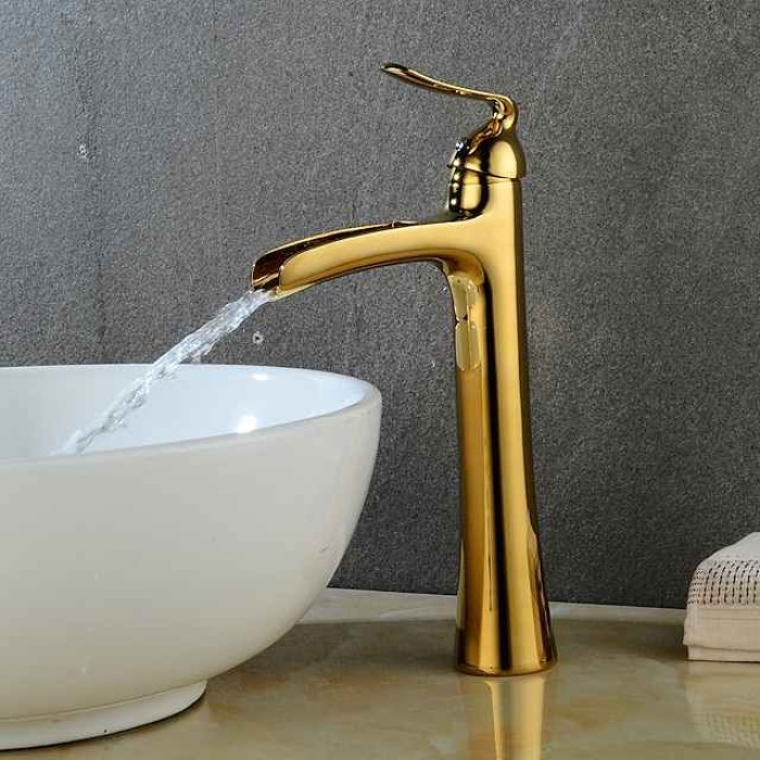 Waterfall Bathroom Faucet, Rustic Single Handle One Hole Brass Waterfall Bathroom Sink Faucet with Hot and Cold Water