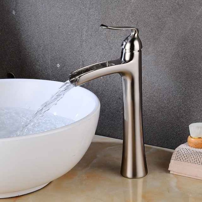 Waterfall Bathroom Faucet, Rustic Single Handle One Hole Brass Waterfall Bathroom Sink Faucet with Hot and Cold Water