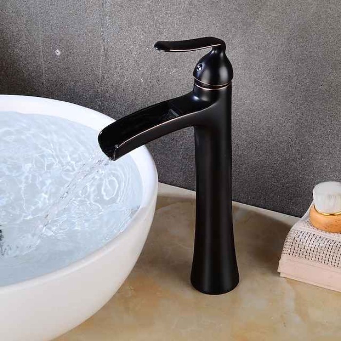 Waterfall Bathroom Faucet, Rustic Single Handle One Hole Brass Waterfall Bathroom Sink Faucet with Hot and Cold Water