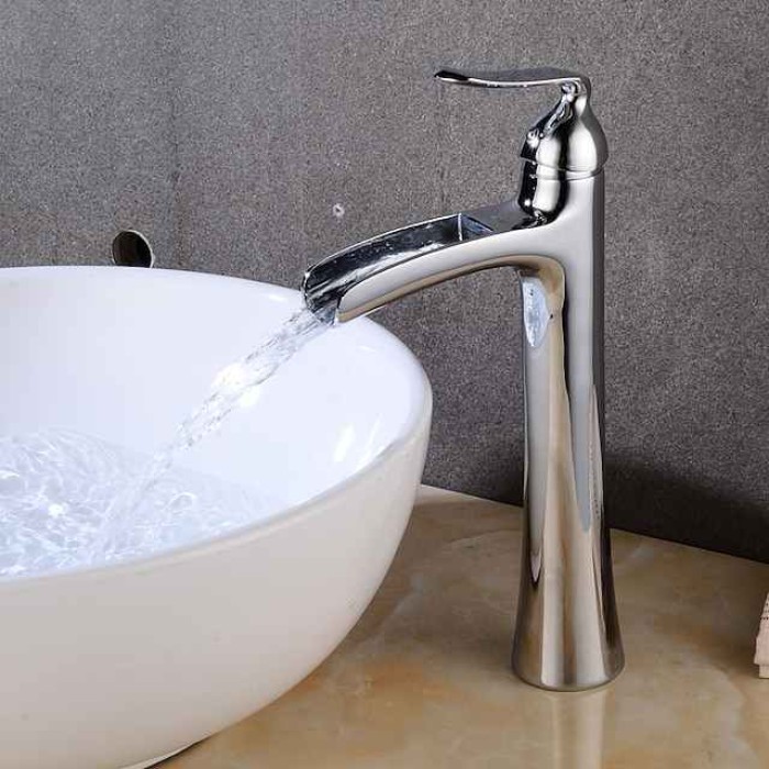 Waterfall Bathroom Faucet, Rustic Single Handle One Hole Brass Waterfall Bathroom Sink Faucet with Hot and Cold Water