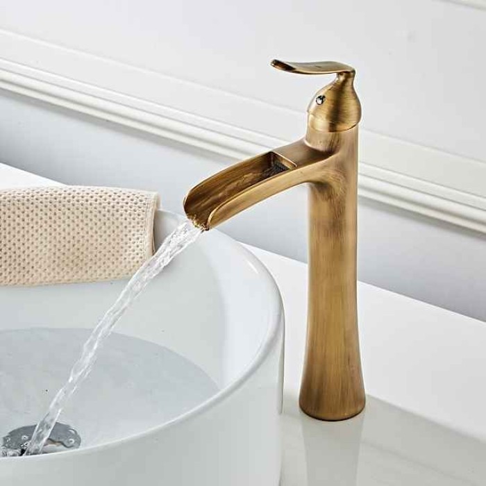 Waterfall Bathroom Faucet, Rustic Single Handle One Hole Brass Waterfall Bathroom Sink Faucet with Hot and Cold Water