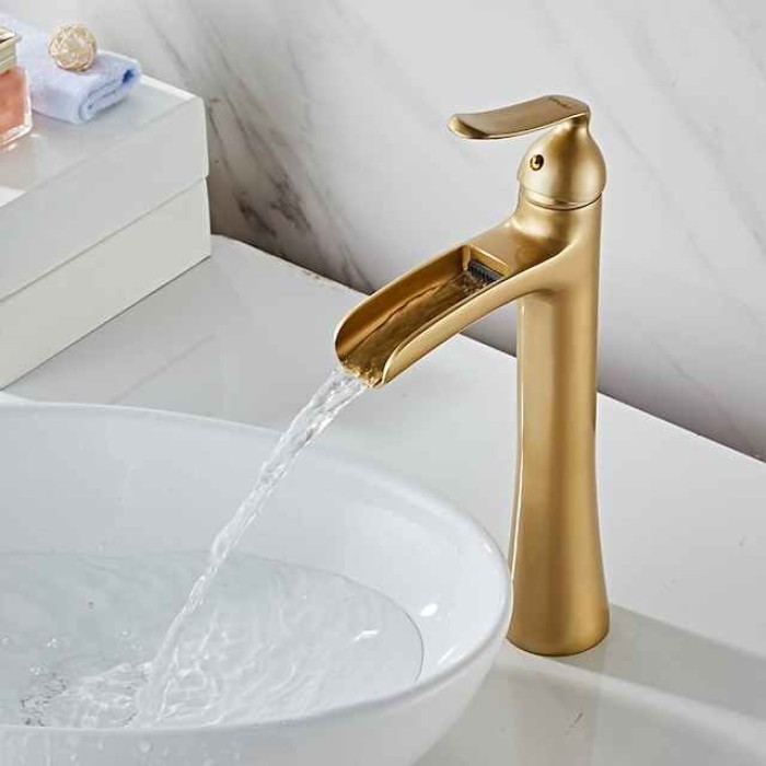 Waterfall Bathroom Faucet, Rustic Single Handle One Hole Brass Waterfall Bathroom Sink Faucet with Hot and Cold Water