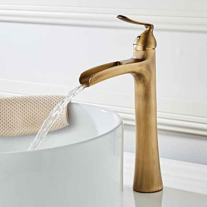 Waterfall Bathroom Faucet, Rustic Single Handle One Hole Brass Waterfall Bathroom Sink Faucet with Hot and Cold Water