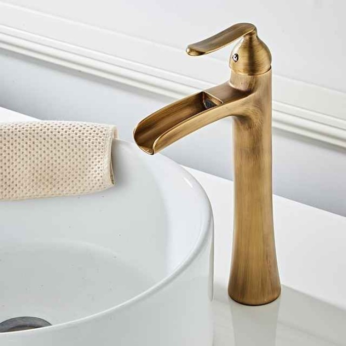 Waterfall Bathroom Faucet, Rustic Single Handle One Hole Brass Waterfall Bathroom Sink Faucet with Hot and Cold Water