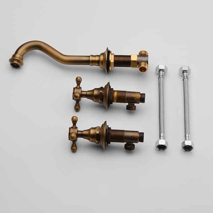 Wall Mounted Bathroom Sink Mixer Faucet, Widespread Basin Taps Vintage Brass 2 Handles 3 Holes Washroom Wash Baxin Tap with Cold Hot Water Hose Retro Antique