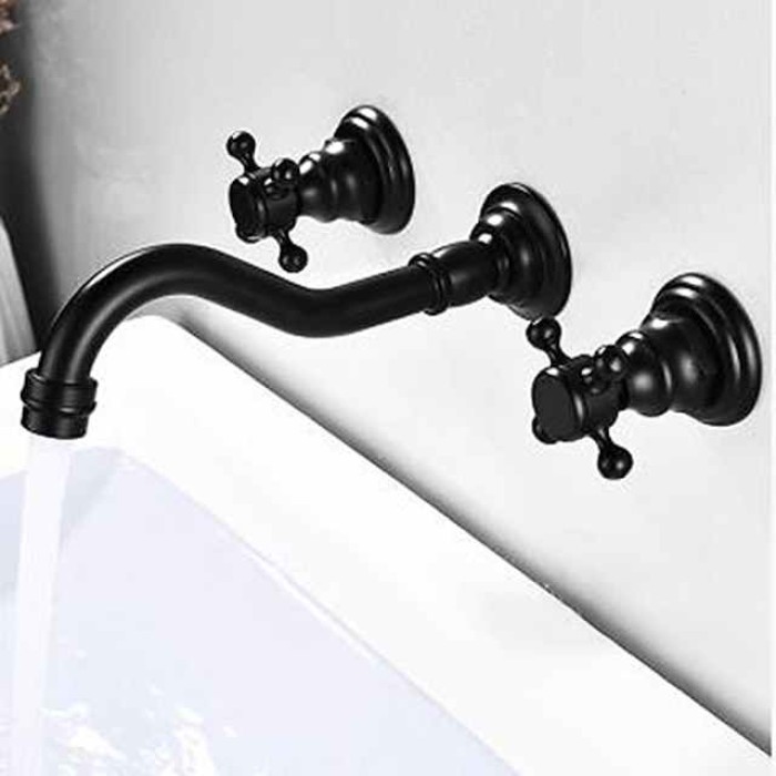 Wall Mounted Bathroom Sink Mixer Faucet, Widespread Basin Taps Vintage Brass 2 Handles 3 Holes Washroom Wash Baxin Tap with Cold Hot Water Hose Retro Antique