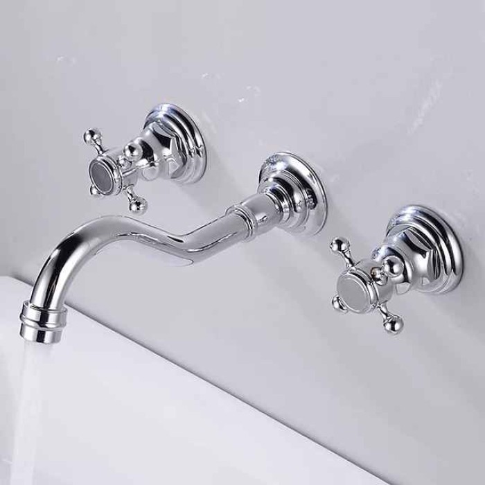 Wall Mounted Bathroom Sink Mixer Faucet, Widespread Basin Taps Vintage Brass 2 Handles 3 Holes Washroom Wash Baxin Tap with Cold Hot Water Hose Retro Antique