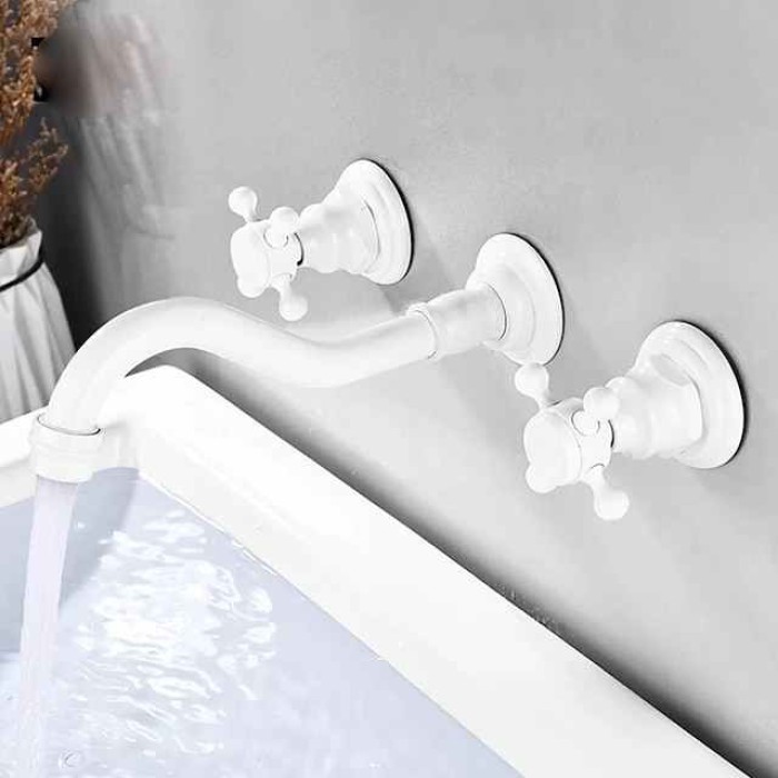 Wall Mounted Bathroom Sink Mixer Faucet, Widespread Basin Taps Vintage Brass 2 Handles 3 Holes Washroom Wash Baxin Tap with Cold Hot Water Hose Retro Antique