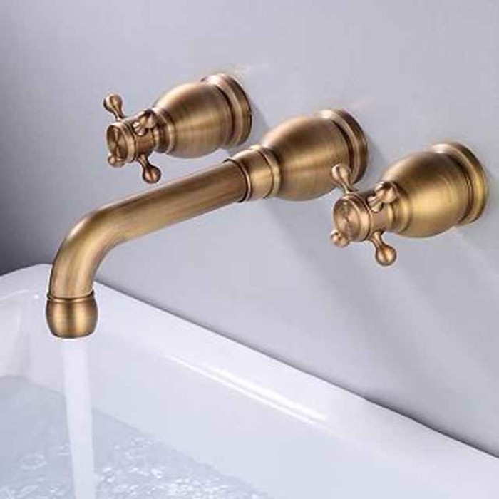 Wall Mounted Bathroom Sink Mixer Faucet, Widespread Basin Taps Vintage Brass 2 Handles 3 Holes Washroom Wash Baxin Tap with Cold Hot Water Hose Retro Antique