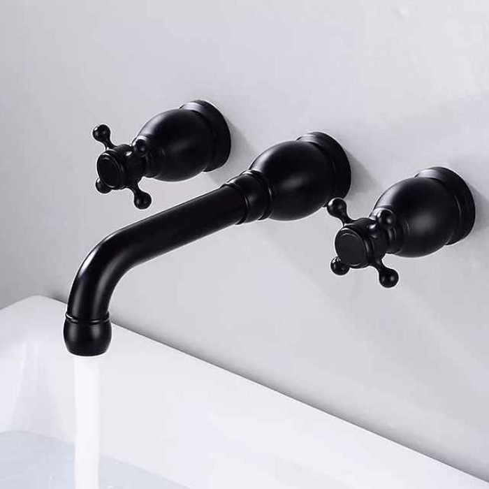 Wall Mounted Bathroom Sink Mixer Faucet, Widespread Basin Taps Vintage Brass 2 Handles 3 Holes Washroom Wash Baxin Tap with Cold Hot Water Hose Retro Antique