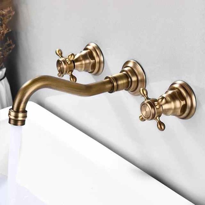 Wall Mounted Bathroom Sink Mixer Faucet, Widespread Basin Taps Vintage Brass 2 Handles 3 Holes Washroom Wash Baxin Tap with Cold Hot Water Hose Retro Antique