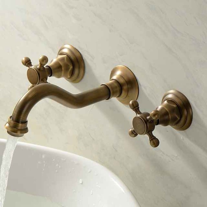 Wall Mounted Bathroom Sink Mixer Faucet, Widespread Basin Taps Vintage Brass 2 Handles 3 Holes Washroom Wash Baxin Tap with Cold Hot Water Hose Retro Antique