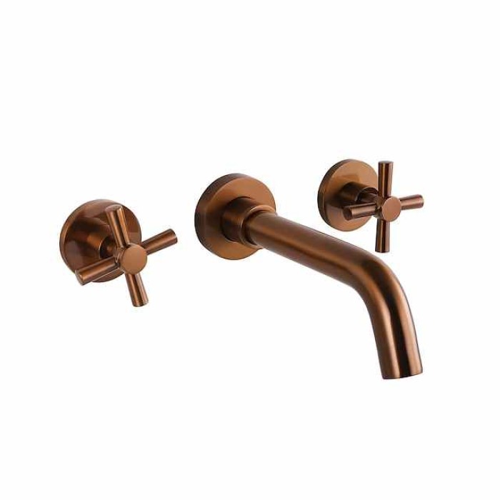 Brass Bathroom Sink Faucet，Wall Mount Widespread Rotatable Rose Gold Two Handles Three HolesBath Taps With Hot and Cold Water