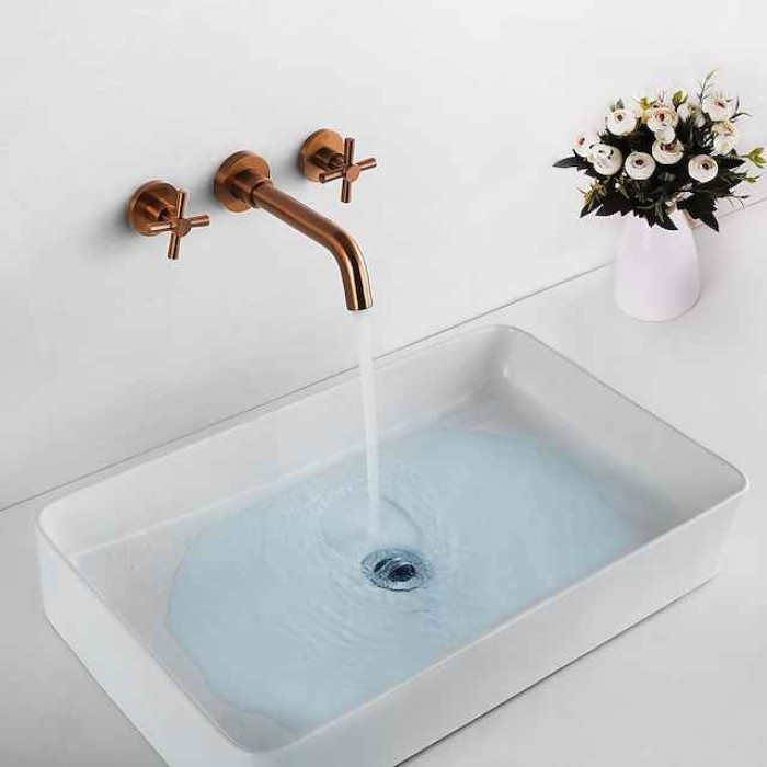 Brass Bathroom Sink Faucet，Wall Mount Widespread Rotatable Rose Gold Two Handles Three HolesBath Taps With Hot and Cold Water