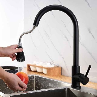 Kitchen Sink Mixer Faucet with Pull Out Sprayer Black, 360 Swivel Single Handle Kitchen Taps Deck Mounted, One Hole Brass Kitchen Sink Faucet Water Vessel Taps