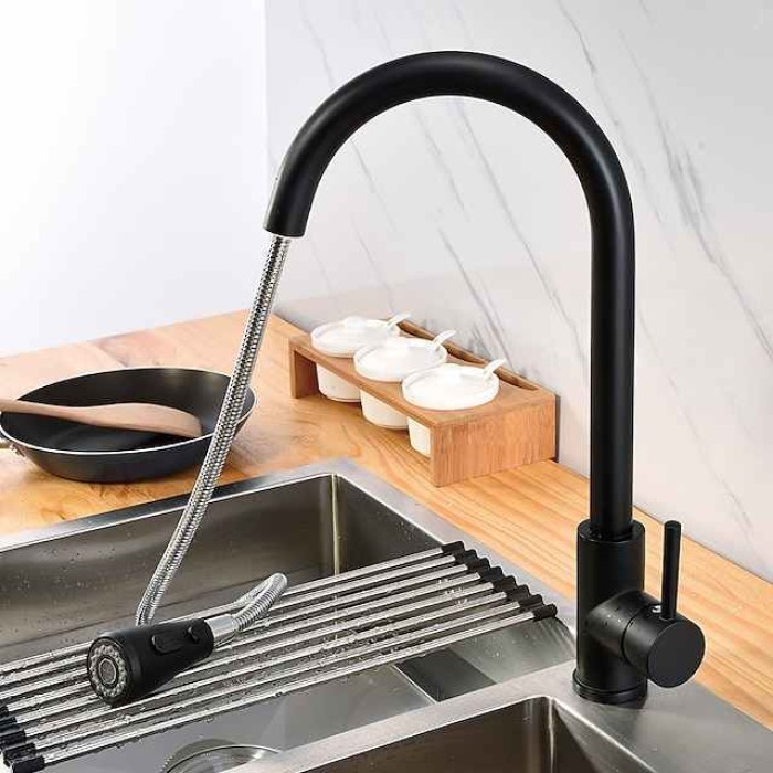 Kitchen Sink Mixer Faucet with Pull Out Sprayer Black, 360 Swivel Single Handle Kitchen Taps Deck Mounted, One Hole Brass Kitchen Sink Faucet Water Vessel Taps