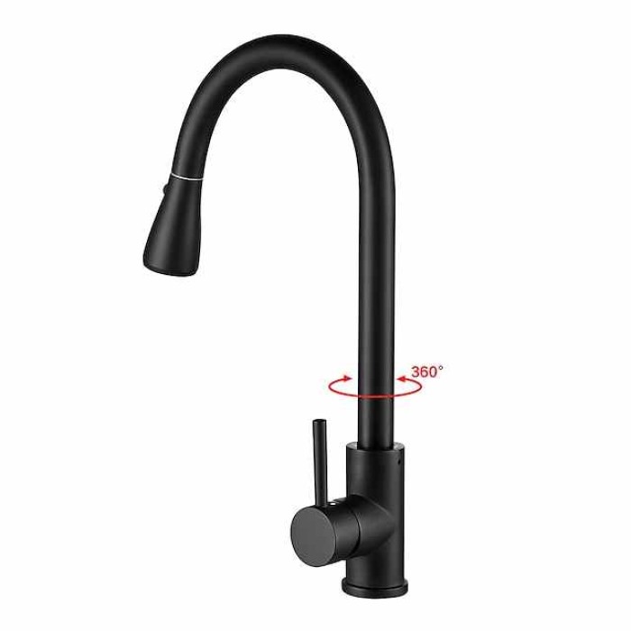 Kitchen Sink Mixer Faucet with Pull Out Sprayer Black, 360 Swivel Single Handle Kitchen Taps Deck Mounted, One Hole Brass Kitchen Sink Faucet Water Vessel Taps