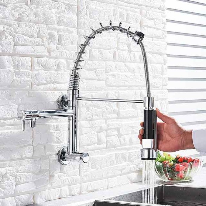 Kitchen Faucet Sink Pull Out Only Cold Water, 360 Swivel Spout Wall Mounted Brass Pull Down Kitchen Vessel Taps Chrome