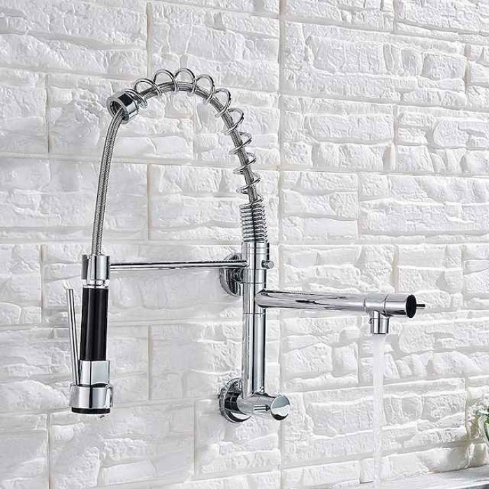 Kitchen Faucet Sink Pull Out Only Cold Water, 360 Swivel Spout Wall Mounted Brass Pull Down Kitchen Vessel Taps Chrome