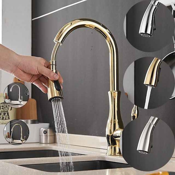 Kitchen Faucet with Sprayer Vessel Installation Brushed/Electroplated One Hole Widespread Pull Out/High Arc, Brass Kitchen Faucet Contain with Cold and Hot Water