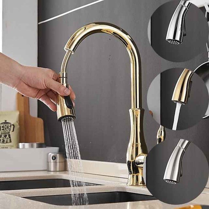 Kitchen Faucet with Sprayer Vessel Installation Brushed/Electroplated One Hole Widespread Pull Out/High Arc, Brass Kitchen Faucet Contain with Cold and Hot Water