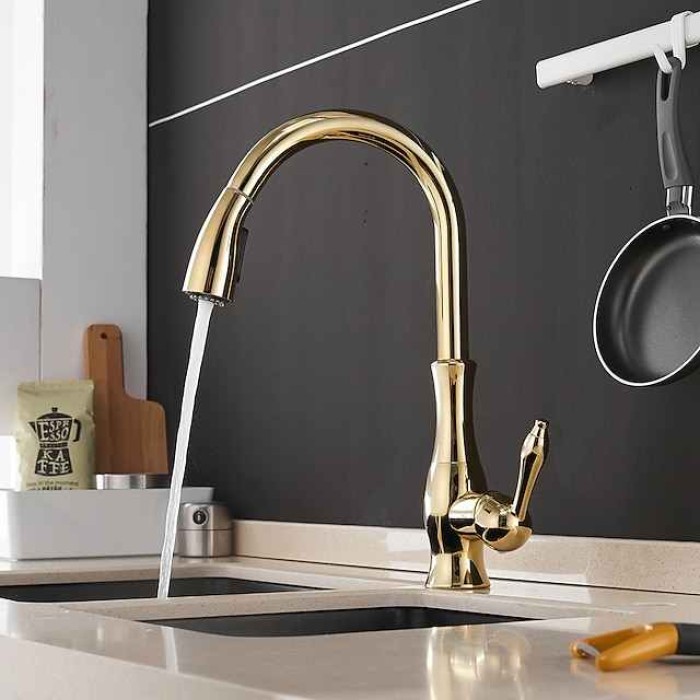 Kitchen Faucet with Sprayer Vessel Installation Brushed/Electroplated One Hole Widespread Pull Out/High Arc, Brass Kitchen Faucet Contain with Cold and Hot Water