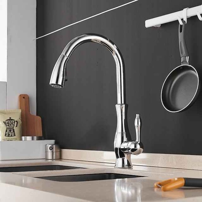 Kitchen Faucet with Sprayer Vessel Installation Brushed/Electroplated One Hole Widespread Pull Out/High Arc, Brass Kitchen Faucet Contain with Cold and Hot Water