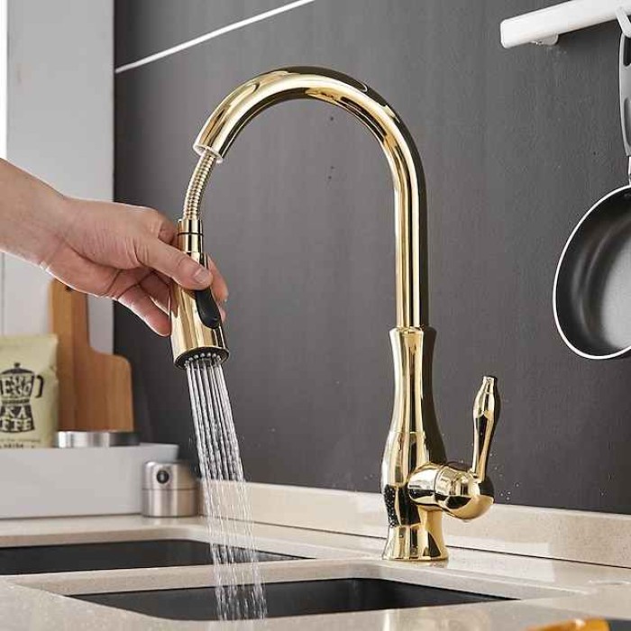 Kitchen Faucet with Sprayer Vessel Installation Brushed/Electroplated One Hole Widespread Pull Out/High Arc, Brass Kitchen Faucet Contain with Cold and Hot Water