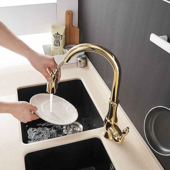 Kitchen Faucet with Sprayer Vessel Installation Brushed/Electroplated One Hole Widespread Pull Out/High Arc, Brass Kitchen Faucet Contain with Cold and Hot Water