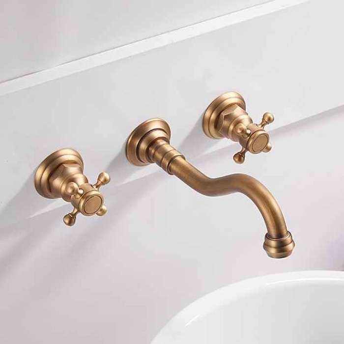 Bathroom Sink Faucet - Wall Mount / Widespread Electroplated Wall Mounted Two Handles Three HolesBath Taps