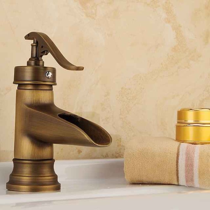 Bathroom Sink Faucet,Waterfall Antique Brass Single Handle One Hole Bath Taps with Hot and Cold Switch