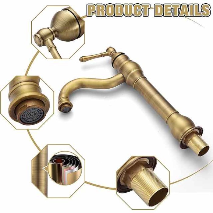 Bathroom Sink Mixer Faucet Antique Brass ORB, 360 Rotatable Basin Tap Single Handle Deck Mounted, Traditional Washroom Vessel Bath Taps