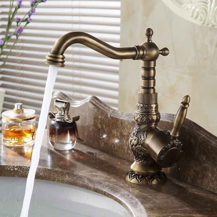 Antique Brass Bathroom Sink Mixer Faucet, Vintage Kitchen Taps Single Handle One Hole, 360 Rotatable Retro Vessel Taps with Hot and Cold Hose