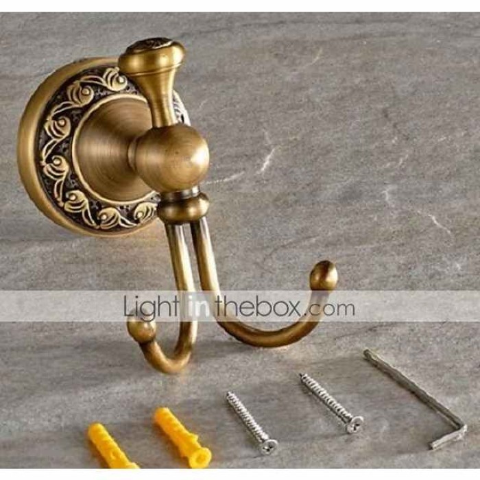 Robe Hook Antique Brass Retro Style Wall Mounted for Bathroom Double Hooks 1pc