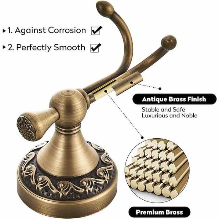 Robe Hook Antique Brass Retro Style Wall Mounted for Bathroom Double Hooks 1pc