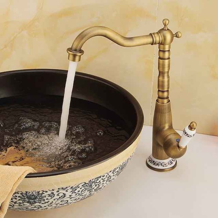 Antique Copper Kitchen Faucet,Golden/Black Single Handle One Hole Electroplated Standard Spout Centerset Antique Design Kitchen Taps with Hot and Cold Water Switch