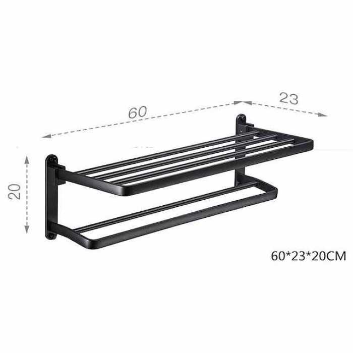 Perforation-free Space Aluminum Bathroom Shelf Foldable Towel Rack Wall mounted 2-tier Matte Black