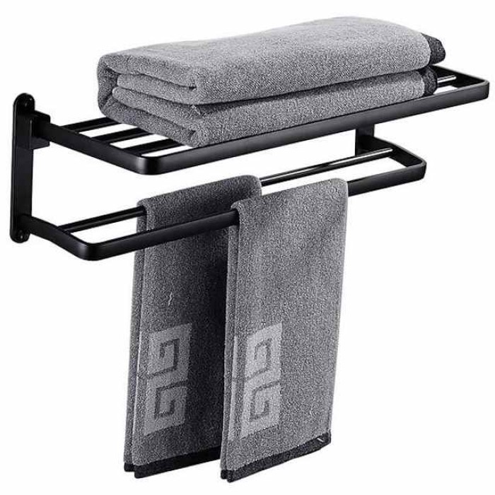 Perforation-free Space Aluminum Bathroom Shelf Foldable Towel Rack Wall mounted 2-tier Matte Black